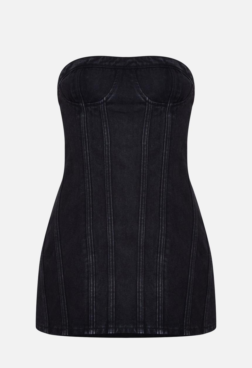 washed black seam front denim mini dress Blank NYC - Dark Wash Denim Dress - Button-Front Mini Dress