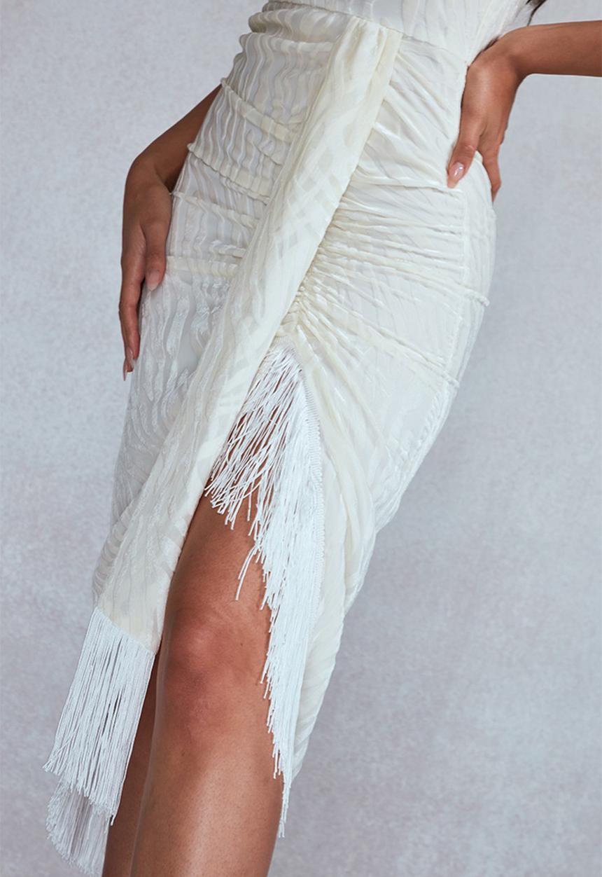 White devore tassel detail underwired draped midi dress - white