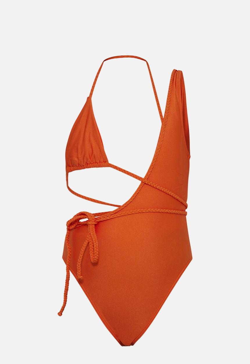 PrettyLittleThing - Orange plait detail asymmetric swimsuit - orange