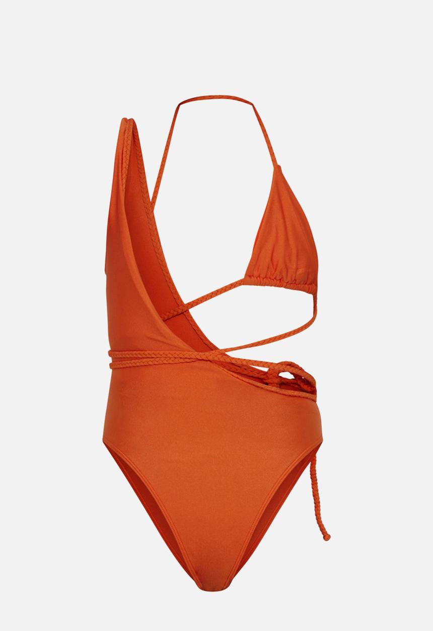 PrettyLittleThing - Orange plait detail asymmetric swimsuit - orange