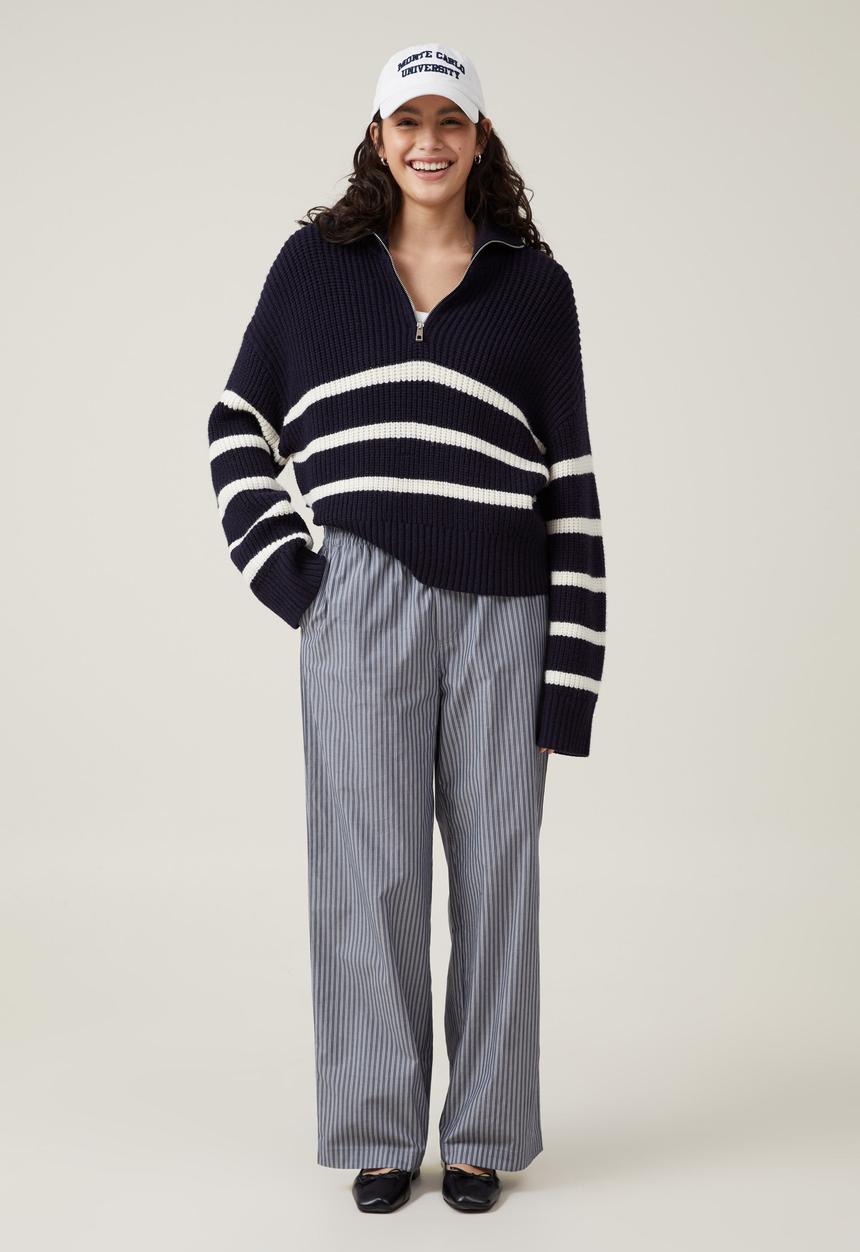 Cotton On - Luxe Collar Half Zip - Ink Navy Stripe