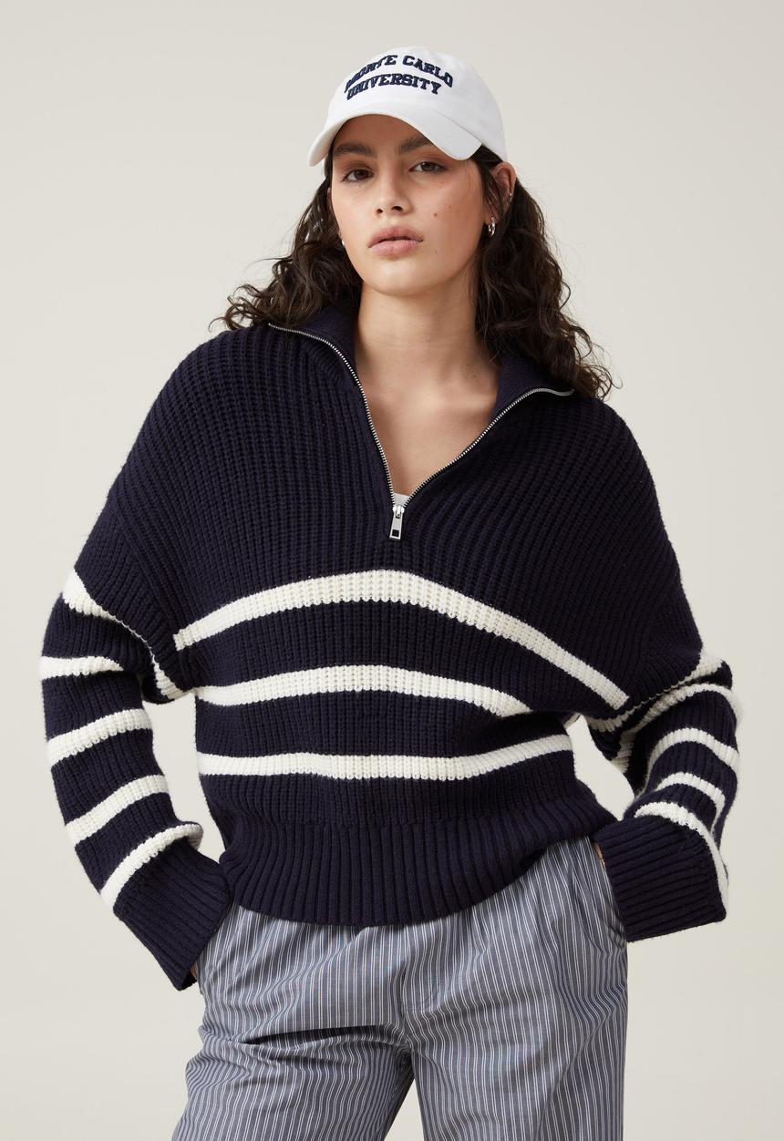 Cotton On - Luxe Collar Half Zip - Ink Navy Stripe