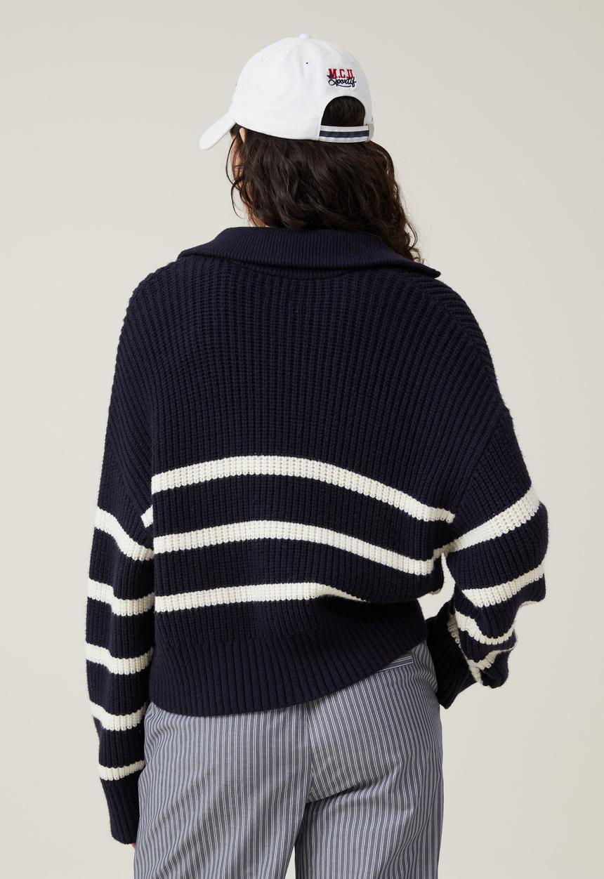 Cotton On - Luxe Collar Half Zip - Ink Navy Stripe