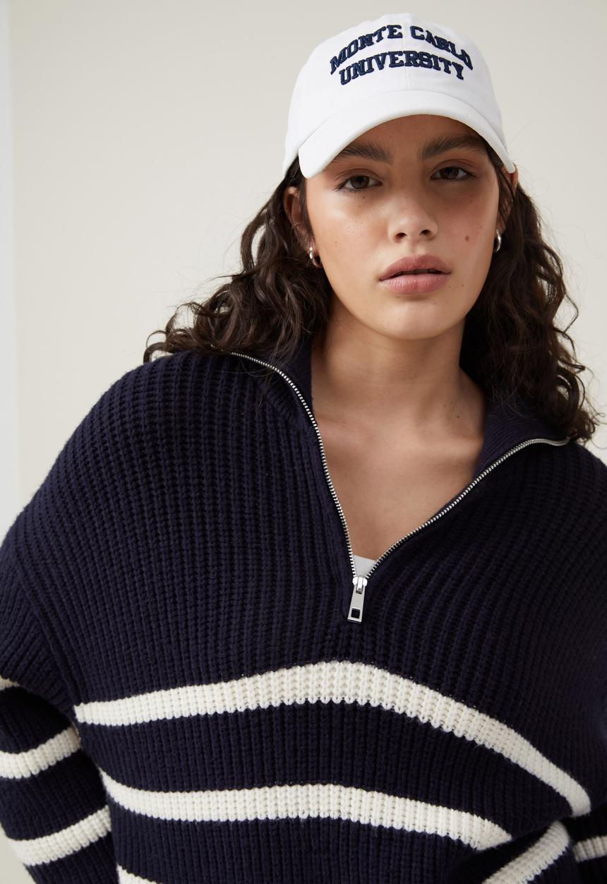 Cotton On - Luxe Collar Half Zip - Ink Navy Stripe