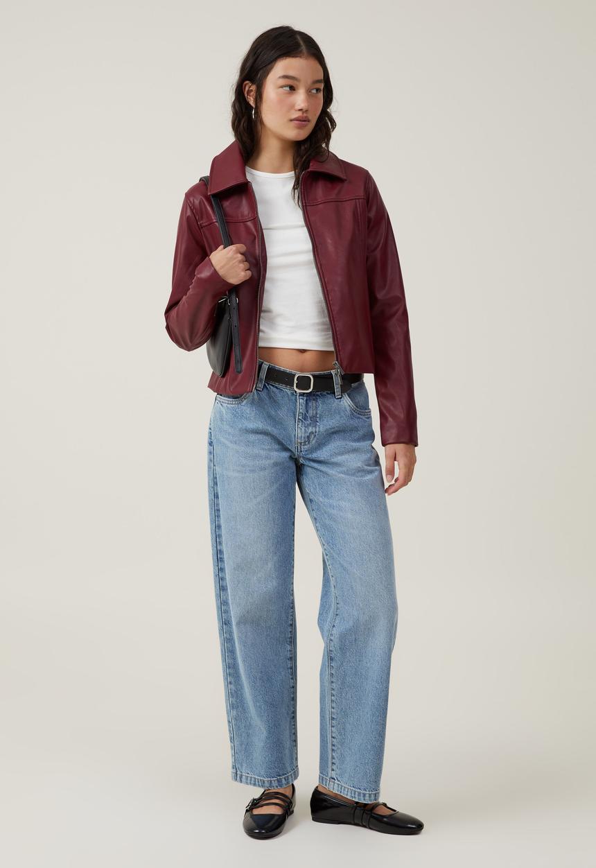 Cotton On - Minimalist Faux Leather Jacket - berry