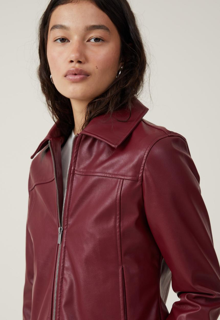 Cotton On - Minimalist Faux Leather Jacket - berry