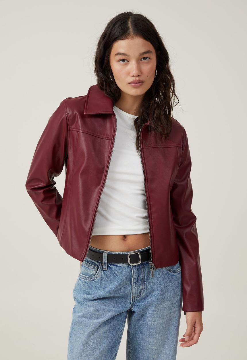 Cotton On - Minimalist Faux Leather Jacket - berry