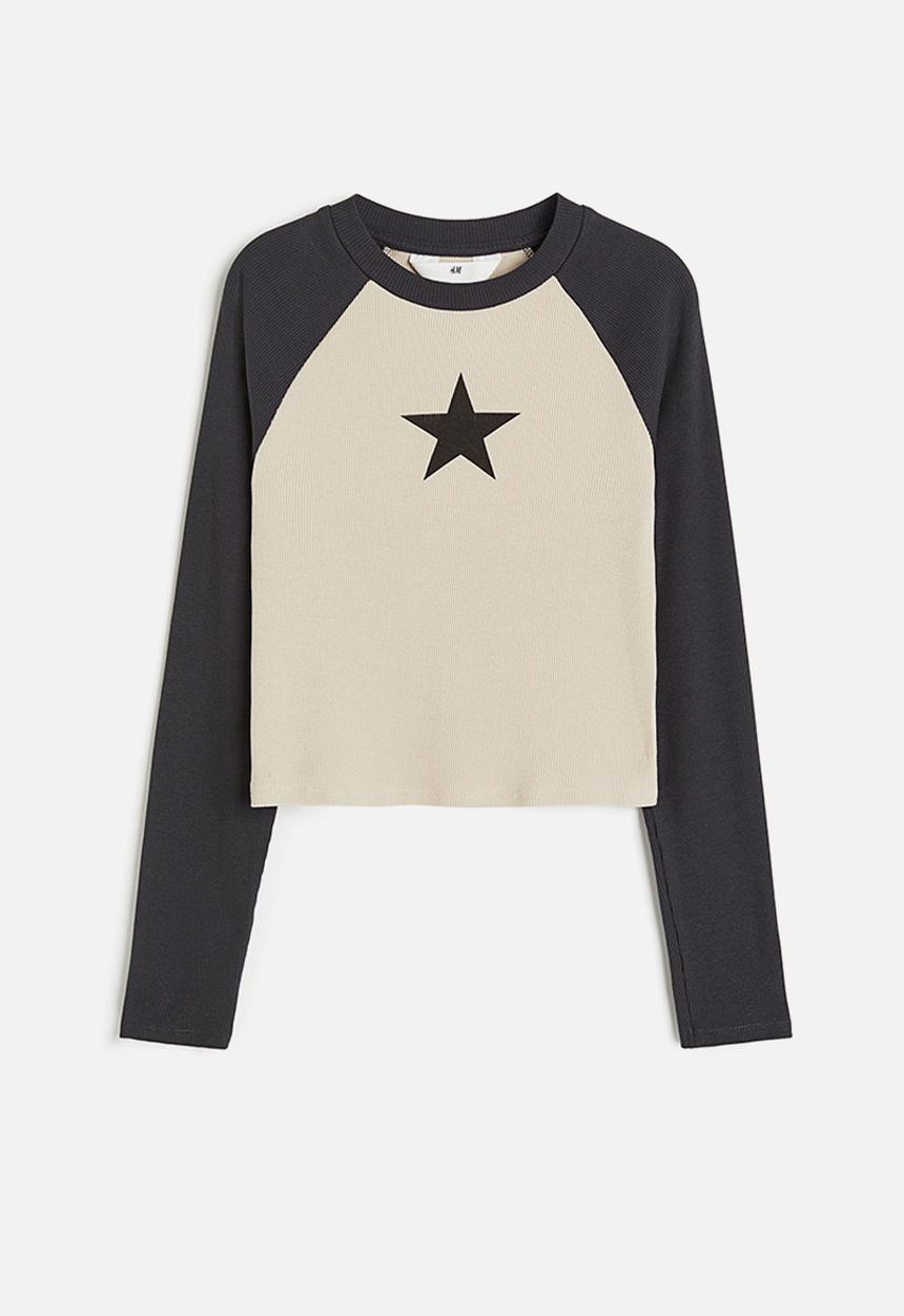 H&M - Ribbed cotton jersey cropped top - beige & star 