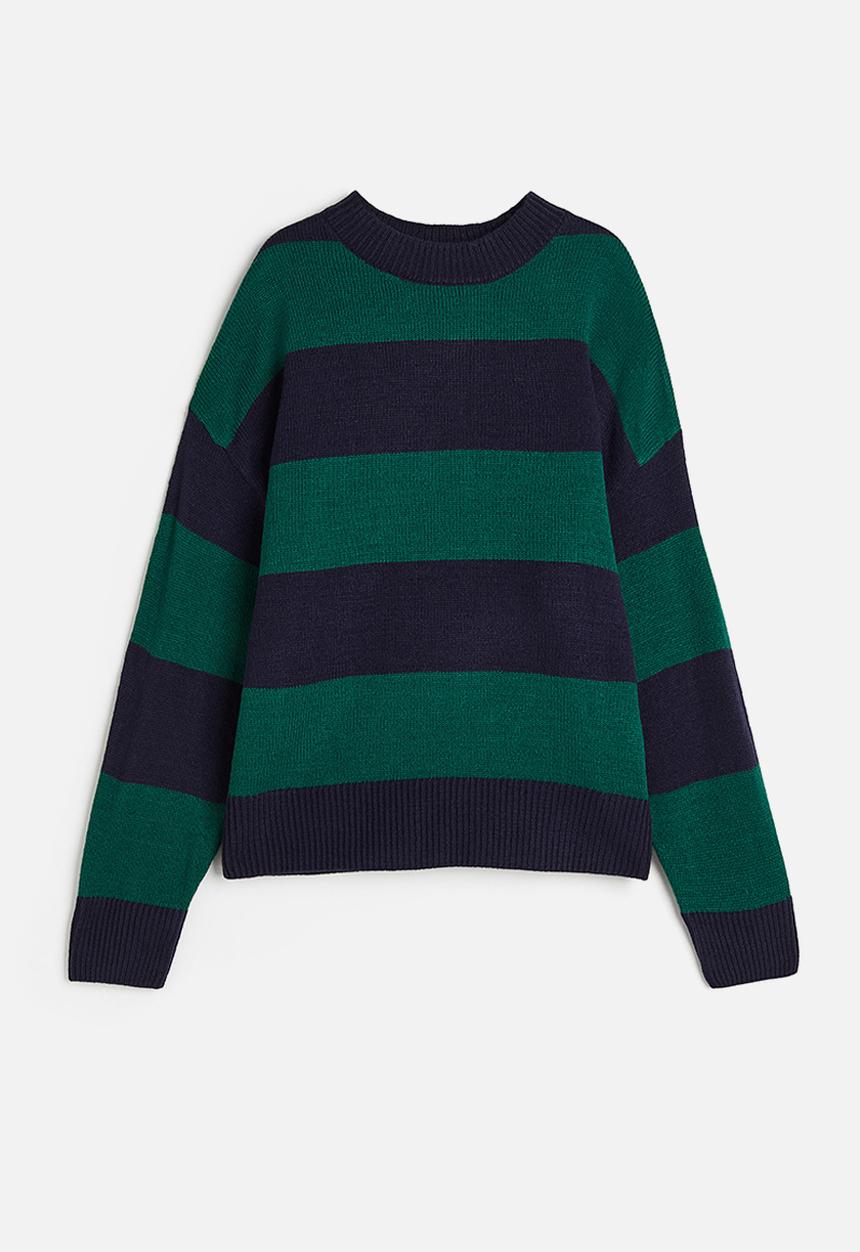 H&M - Jacquard-knit jumper - navy blue & green striped