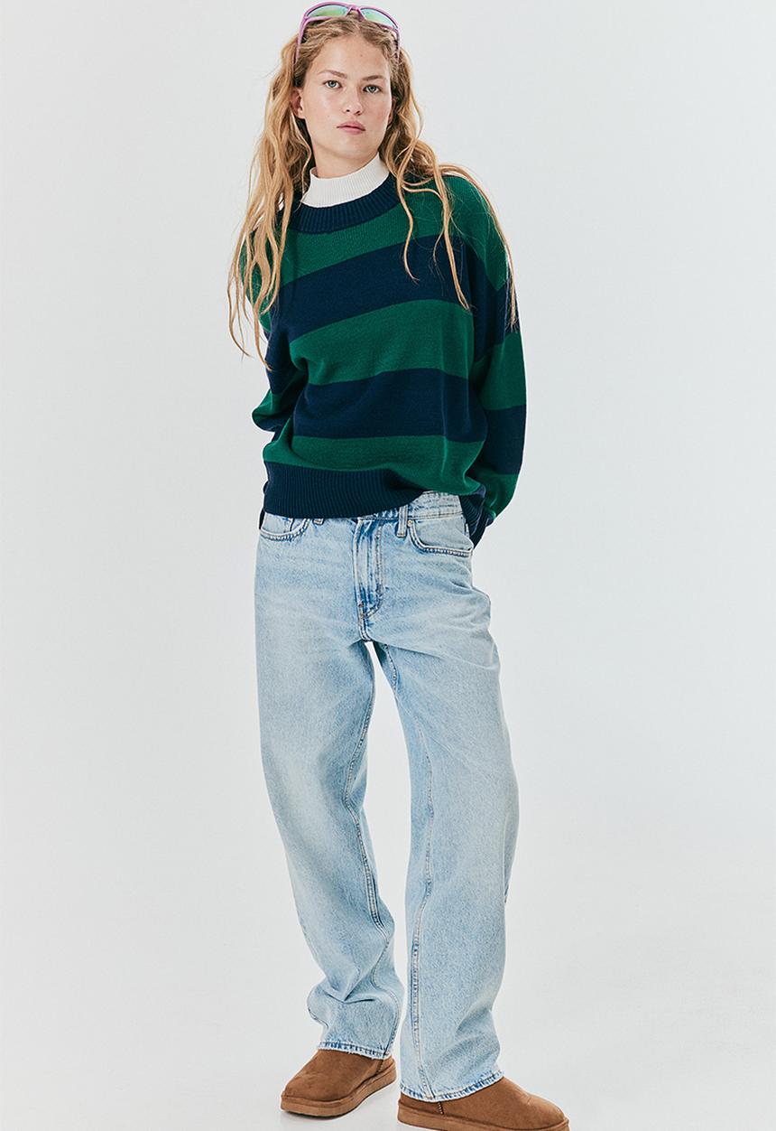 H&M - Jacquard-knit jumper - navy blue & green striped