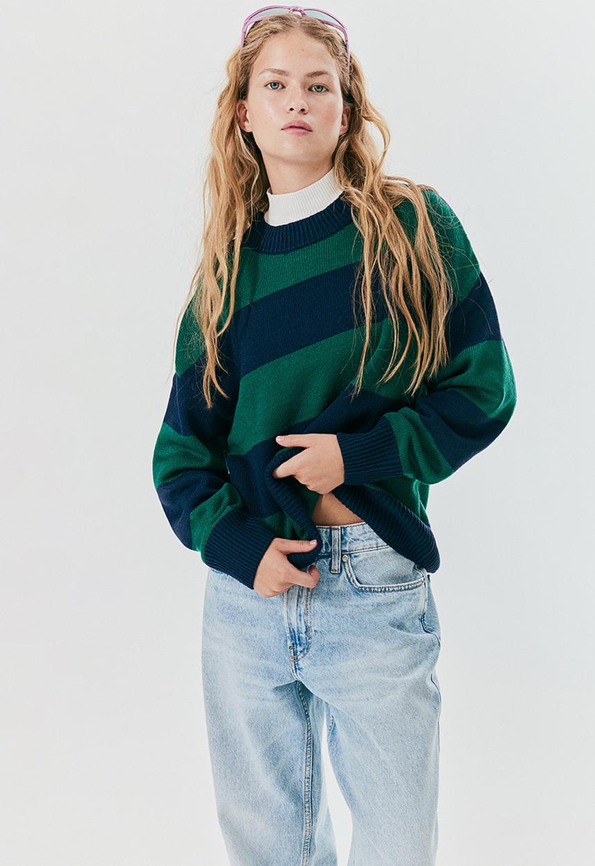 H&M - Jacquard-knit jumper - navy blue & green striped