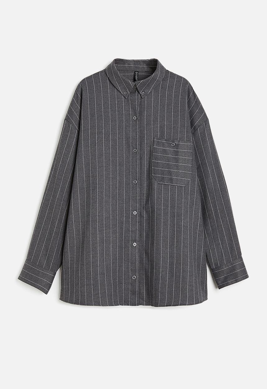 H&M - Oversized flannel shirt - dark grey/pinstriped