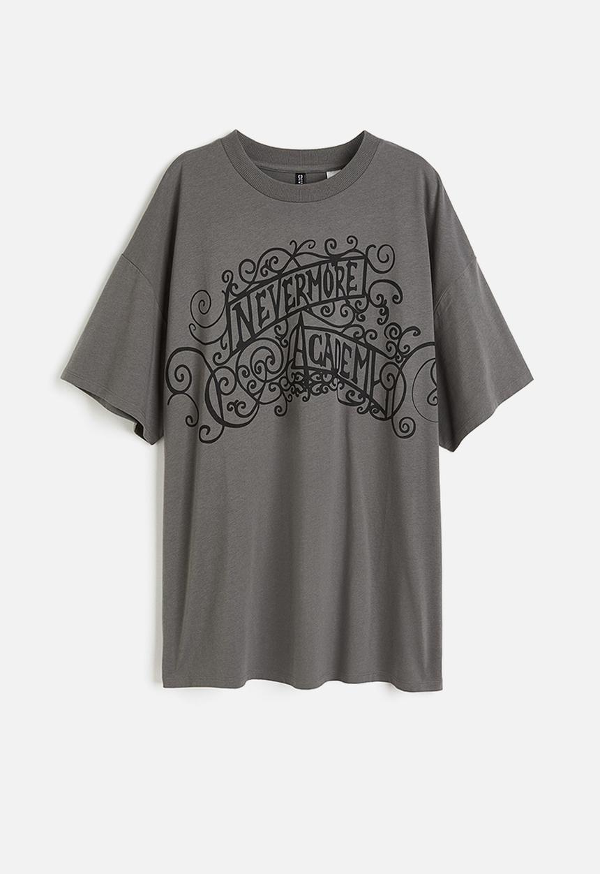 H&M - Oversized printed t-shirt - dark grey/wednesday