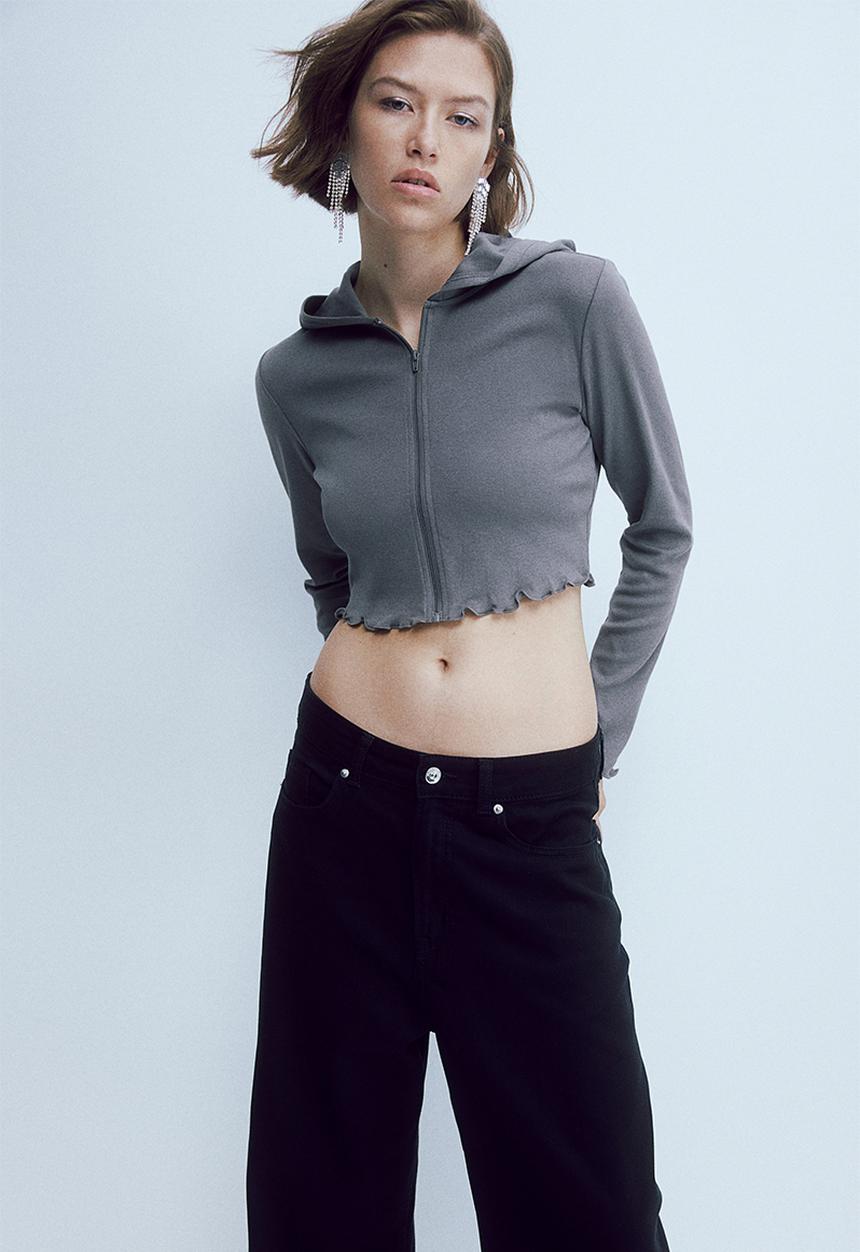 H&M - Cropped zip-through hoodie - dark grey