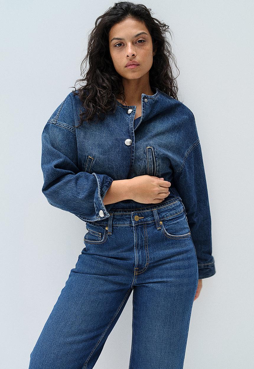 H&M - Curvy fit wide high cropped jeans - denim blue