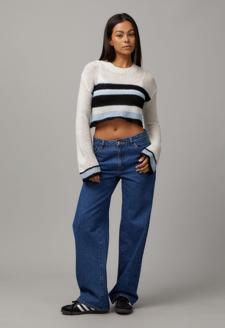 Factorie - Kelsey Knitted Crop Stripe Jumper-Blue Stripe Multi
