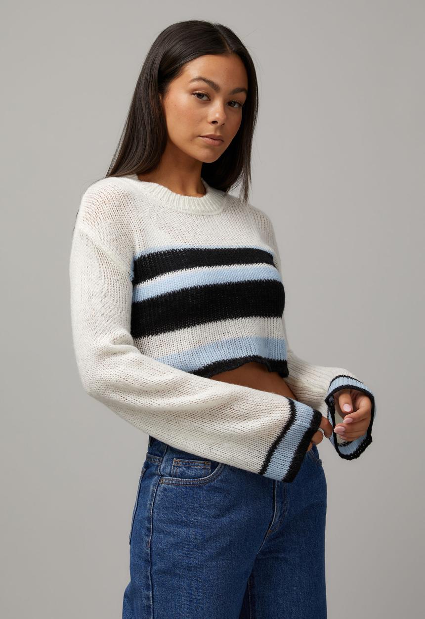 Factorie - Kelsey Knitted Crop Stripe Jumper-Blue Stripe Multi