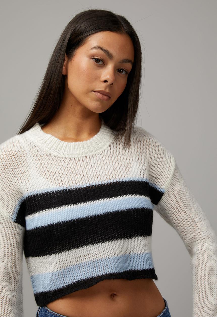 Factorie - Kelsey Knitted Crop Stripe Jumper-Blue Stripe Multi