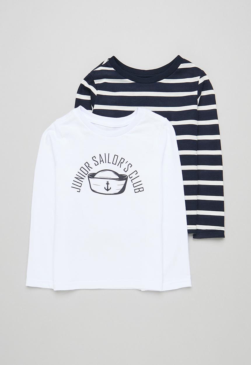 Pop Candy - 2 Pack long sleeve graphic tee - navy stripe & white