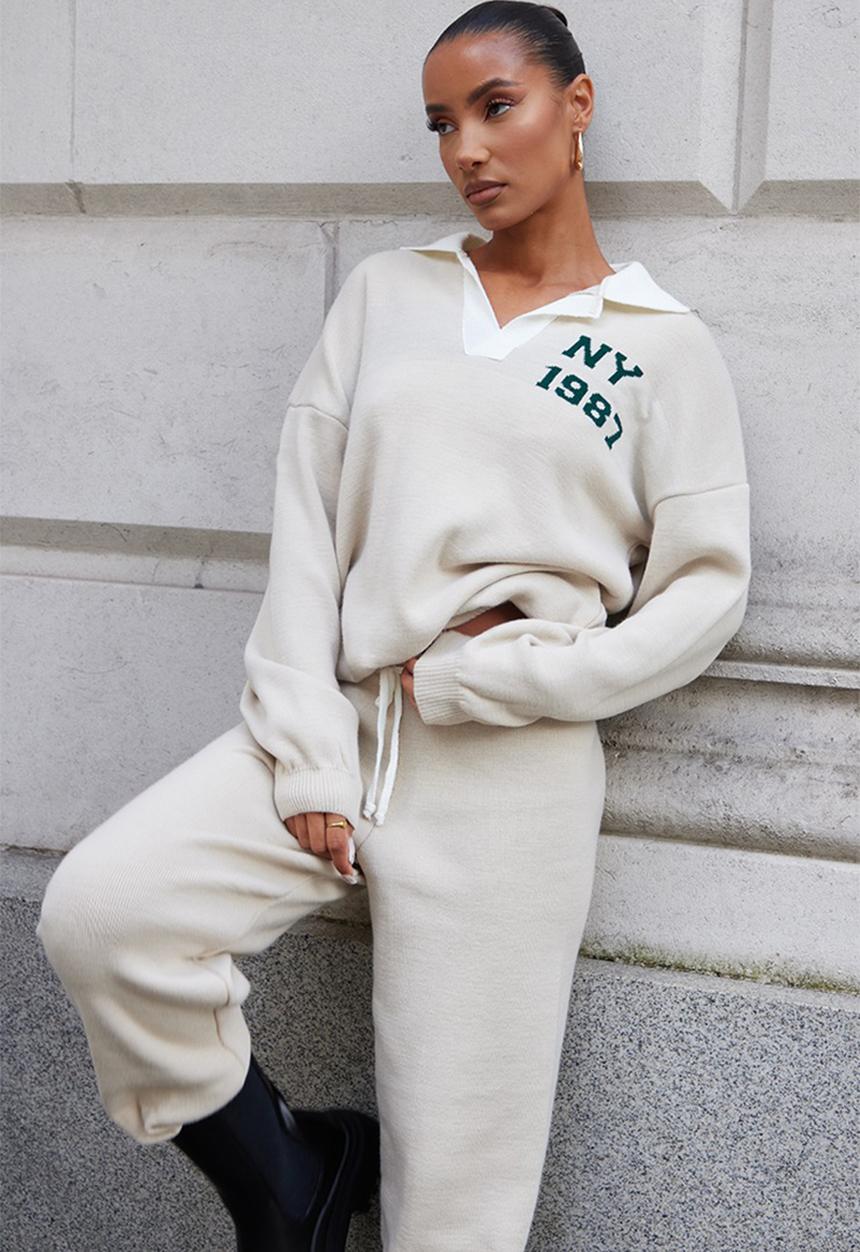 PrettyLittleThing - Oatmeal oversized collared knitted ny jacquard jumper - oatmeal