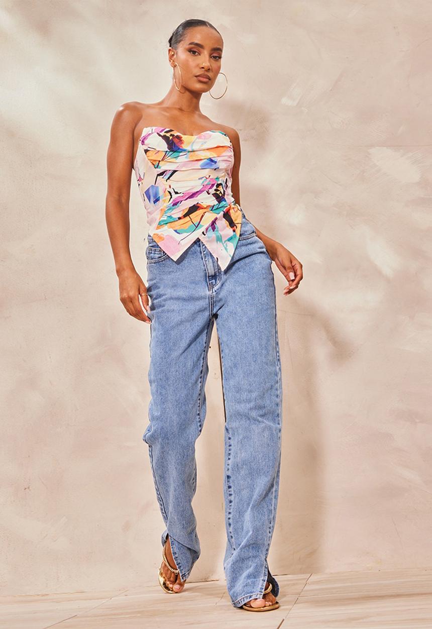 PrettyLittleThing - Pink abstract print textured woven asymmetric pointed hem co - pink