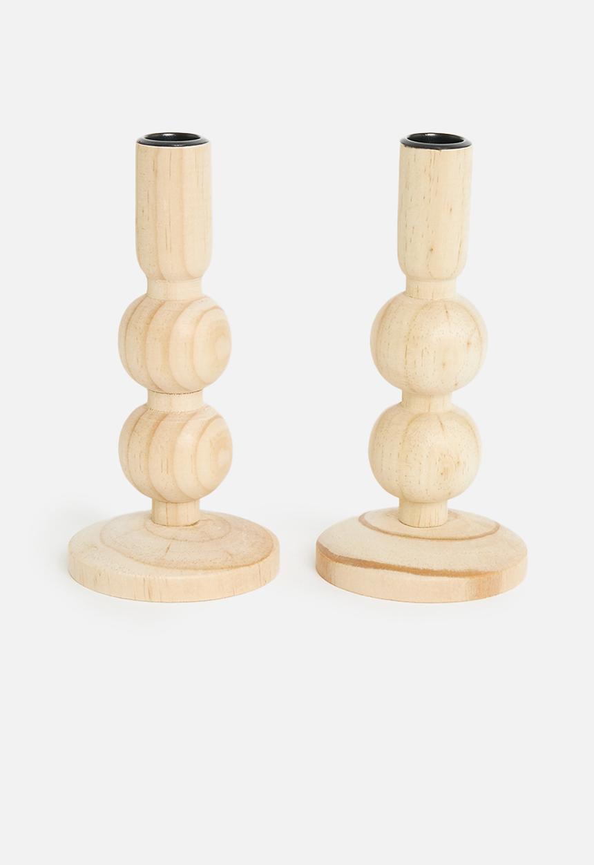 H&S - Turned dinner candle holder set of 2 18cm - natural