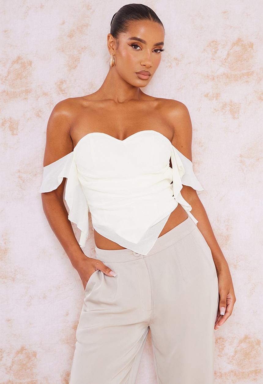 PrettyLittleThing - Cream chiffon frill bardot long top - cream