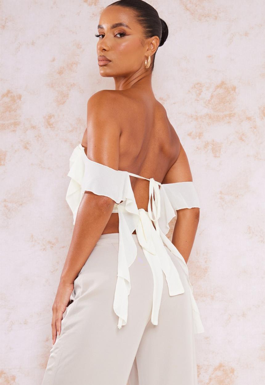 PrettyLittleThing - Cream chiffon frill bardot long top - cream