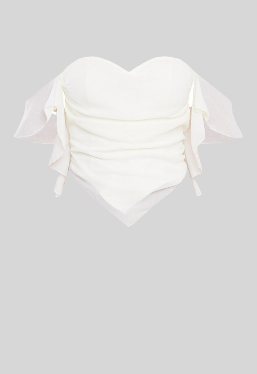 PrettyLittleThing - Cream chiffon frill bardot long top - cream