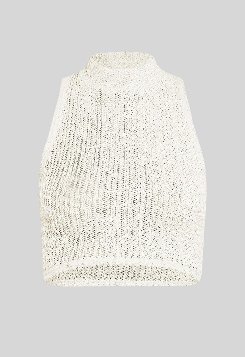 Cream textured distressed rib high neck sleeveless crop top - cream