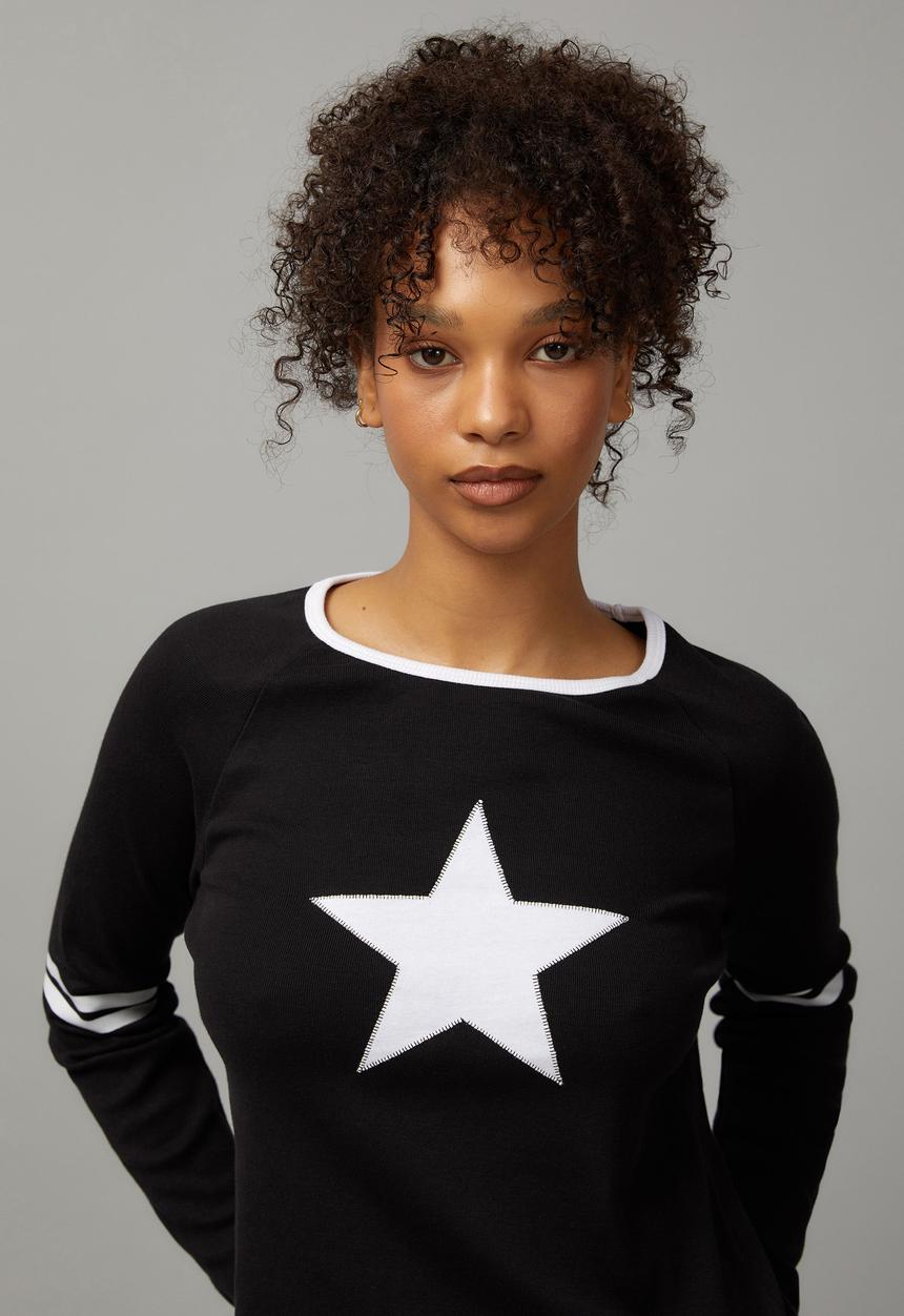 Factorie - Long Sleeve Graphic Stripe Top - Black/Star