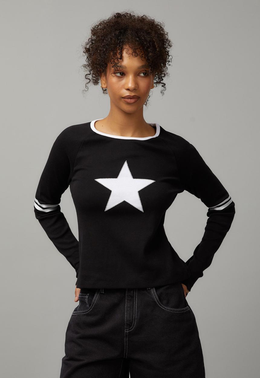 Factorie - Long Sleeve Graphic Stripe Top - Black/Star