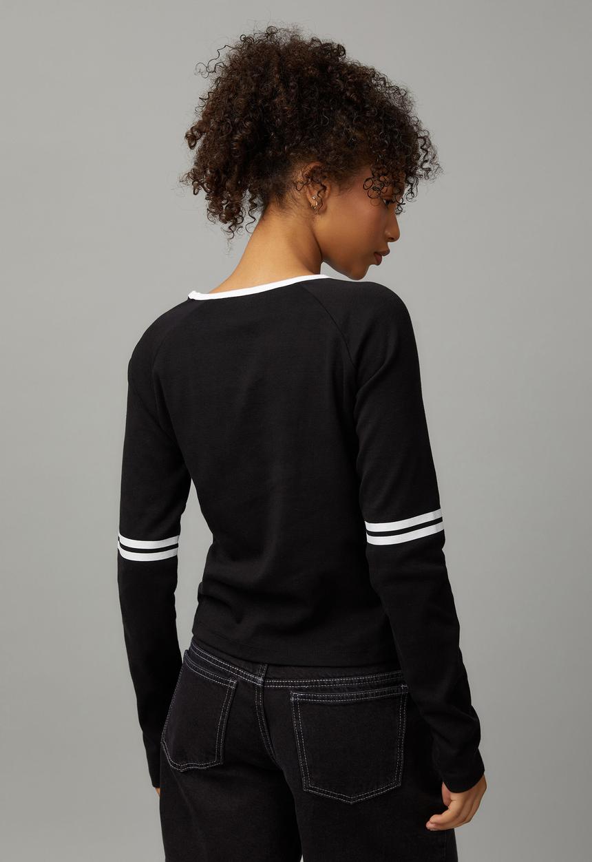 Factorie - Long Sleeve Graphic Stripe Top - Black/Star