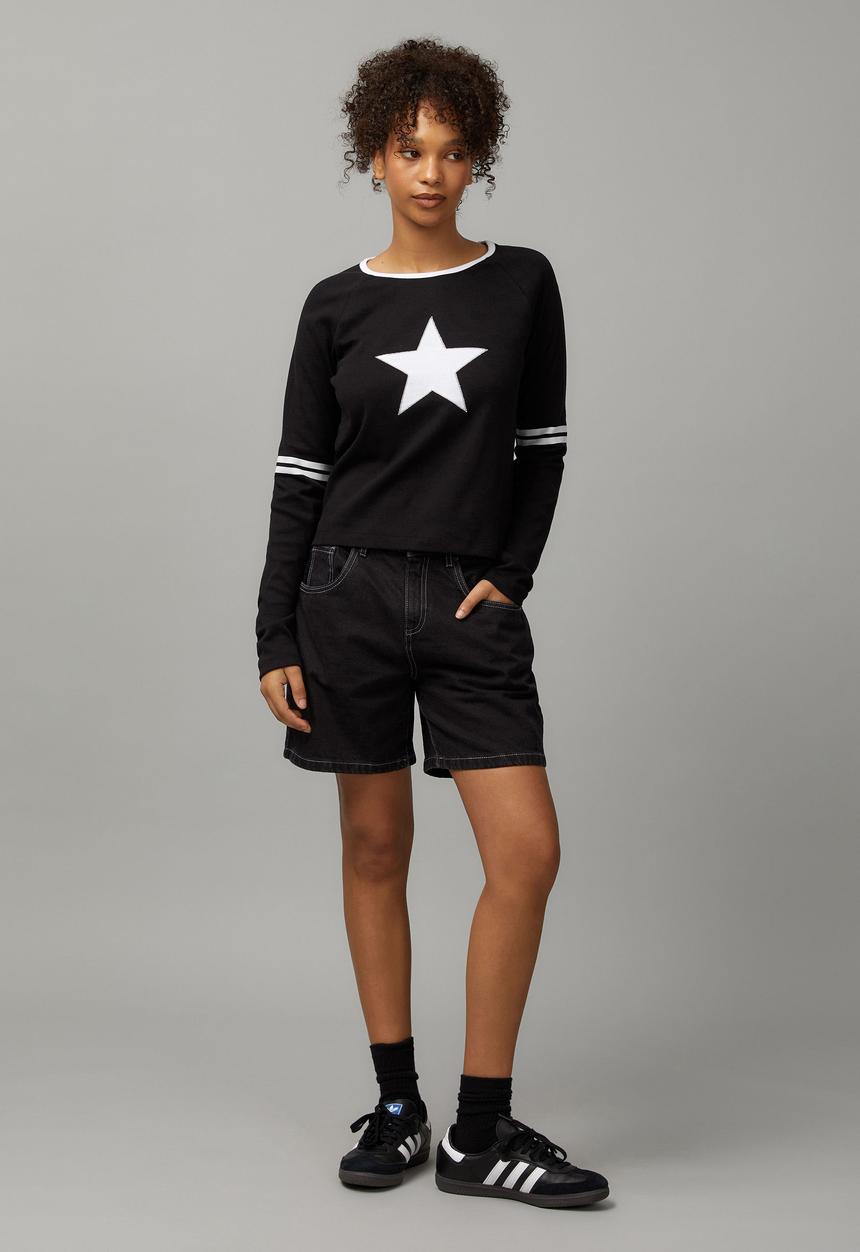 Factorie - Long Sleeve Graphic Stripe Top - Black/Star
