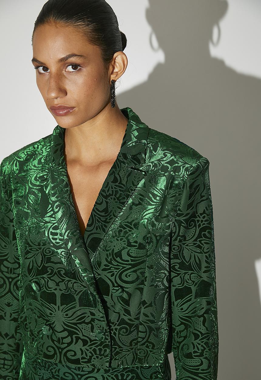 VELVET - Co-ord double breasted burnout velour blazer - emerald green