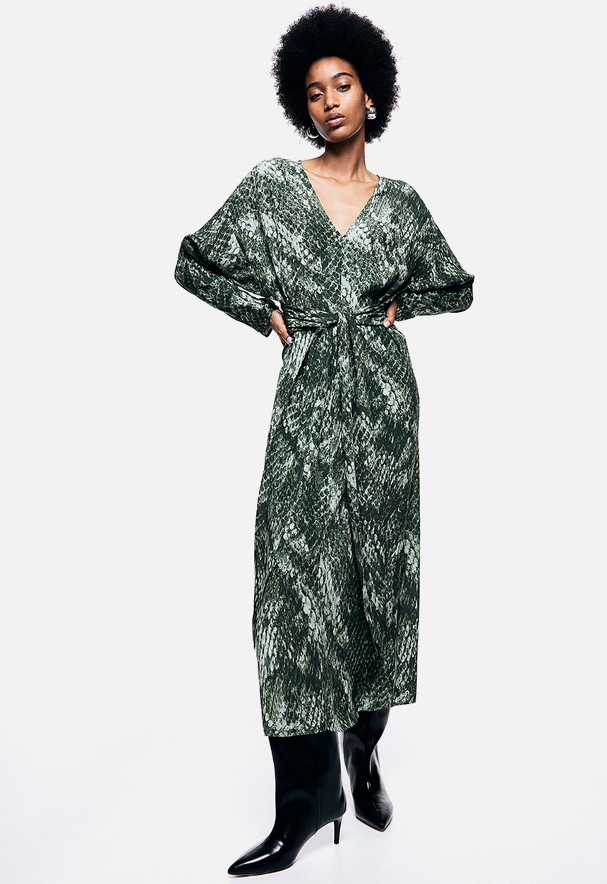 H&M - Patterned tie-belt dress - dark green & snakeskin-patterned