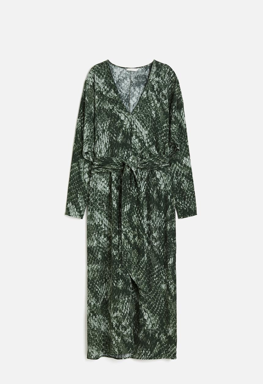 H&M - Patterned tie-belt dress - dark green & snakeskin-patterned