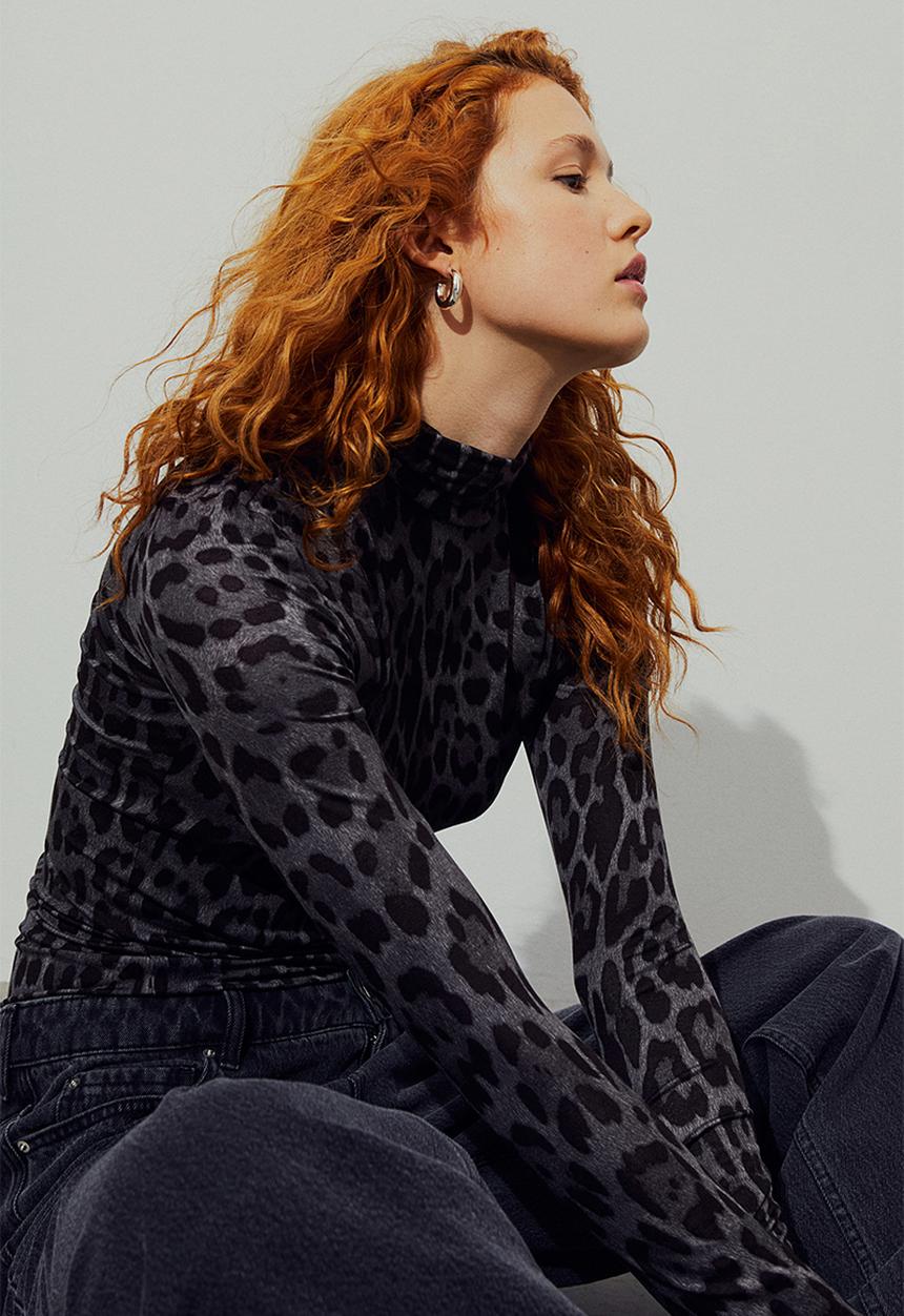 H&M - Polo-neck top - dark grey/leopard print
