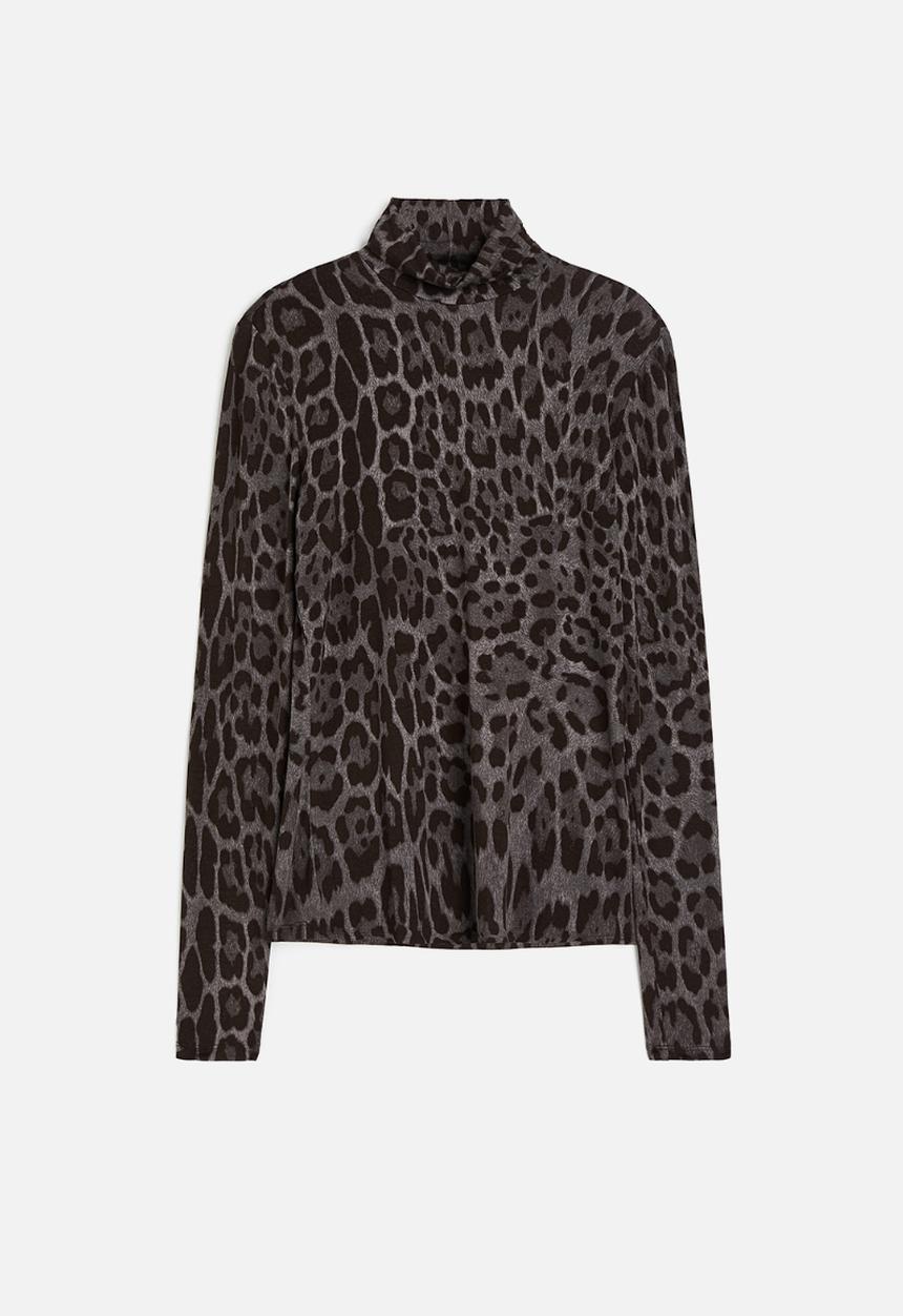 H&M - Polo-neck top - dark grey/leopard print