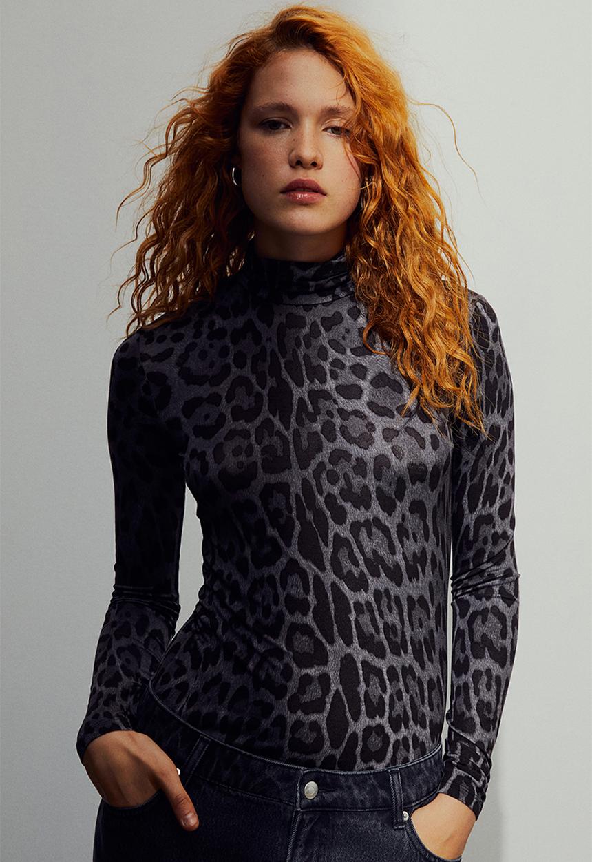 H&M - Polo-neck top - dark grey/leopard print