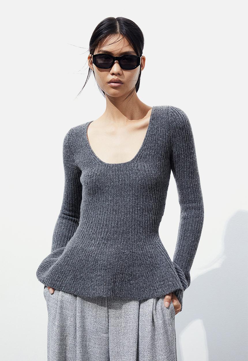H&M - Rib-knit peplum top - grey