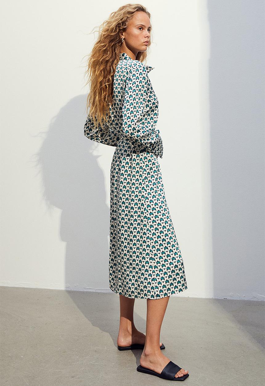 H&M - Tie-belt shirt dress - green/patterned