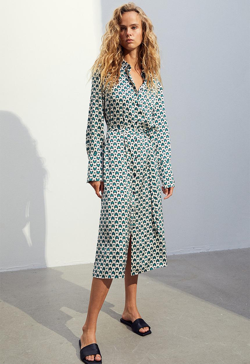 H&M - Tie-belt shirt dress - green/patterned
