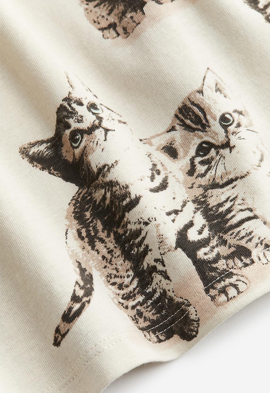 H&M - Printed jersey top - light beige kittens