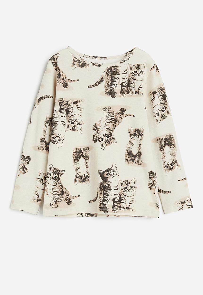 H&M - Printed jersey top - light beige kittens