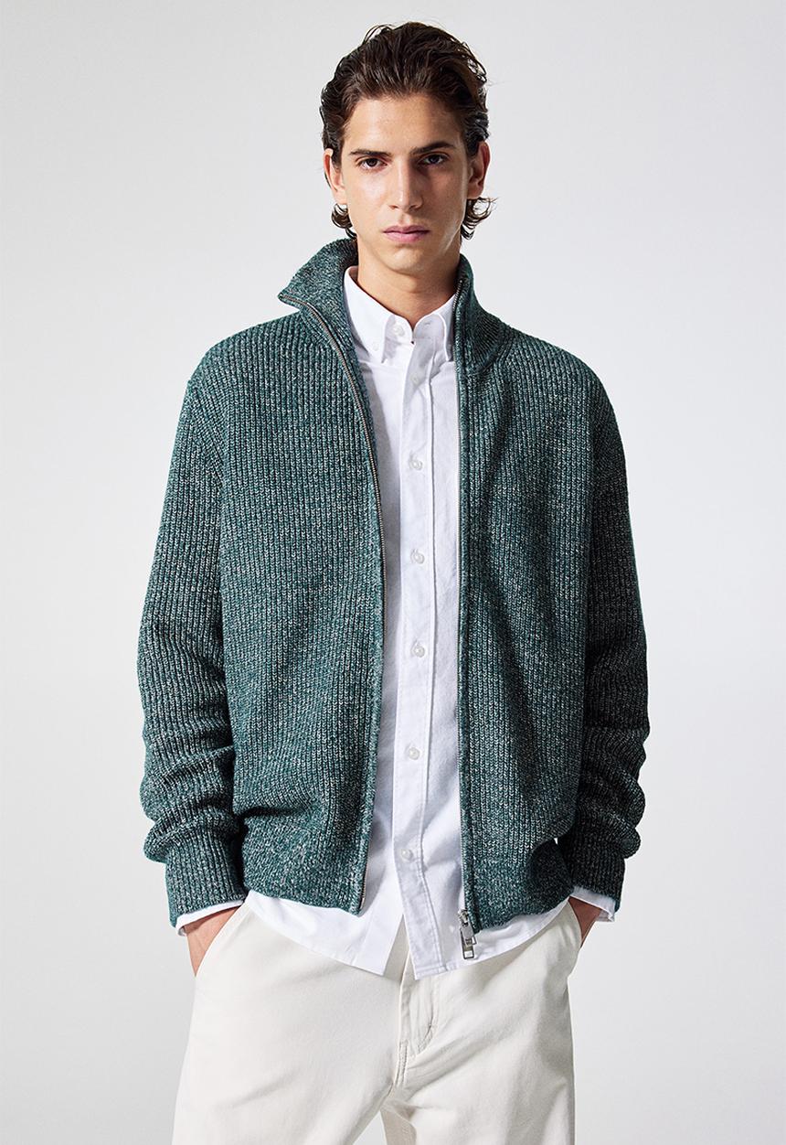 H&M - Regular fit zip-through cardigan - dark green marl 