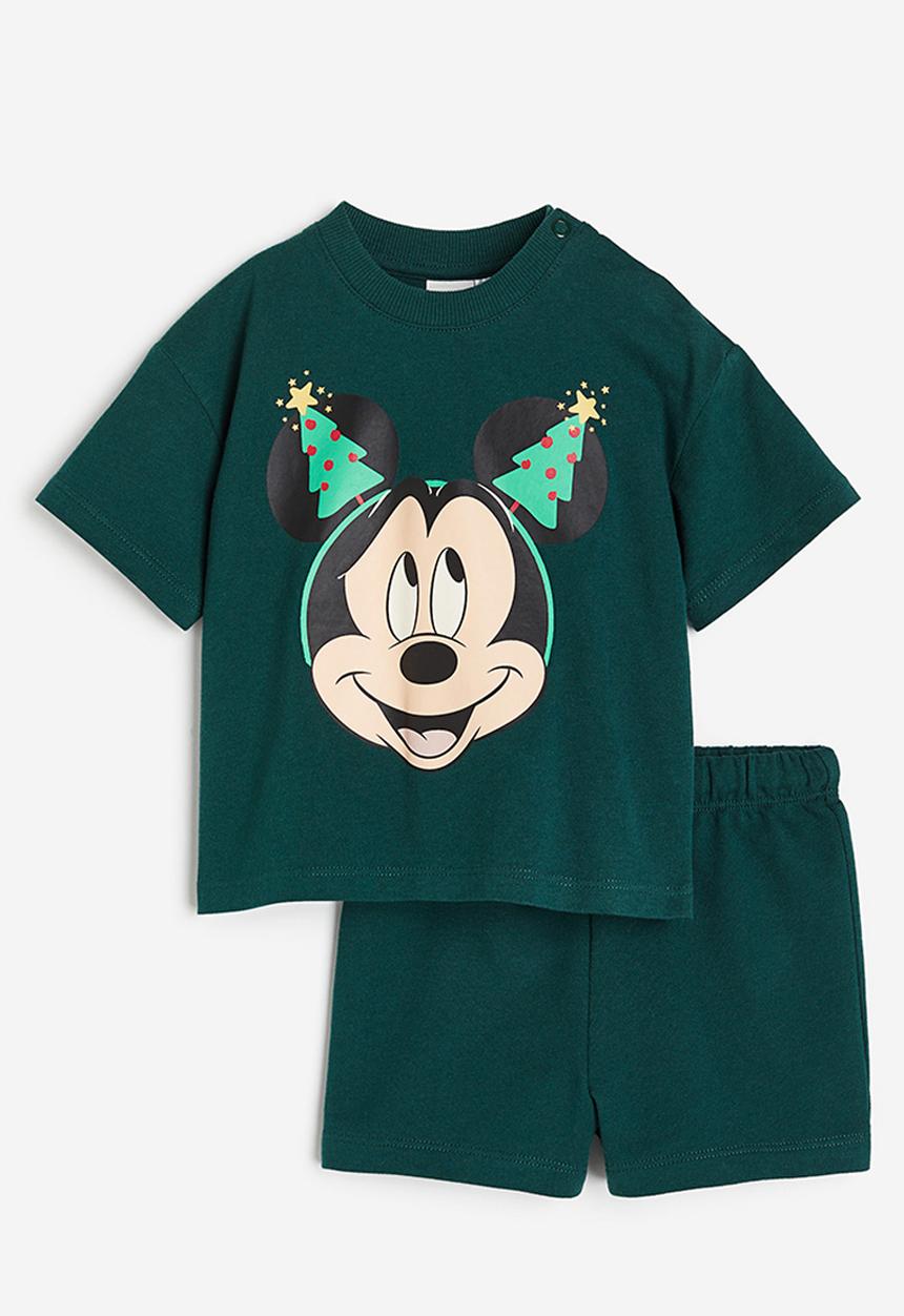 H&M - 2 piece cotton set - dark green mickey mouse