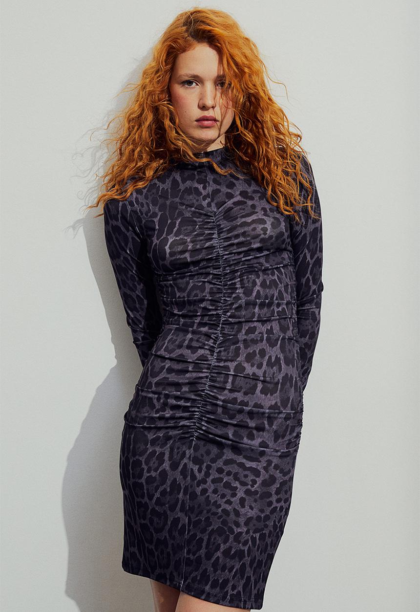 H&M - Gathered jersey dress - black & leopard print