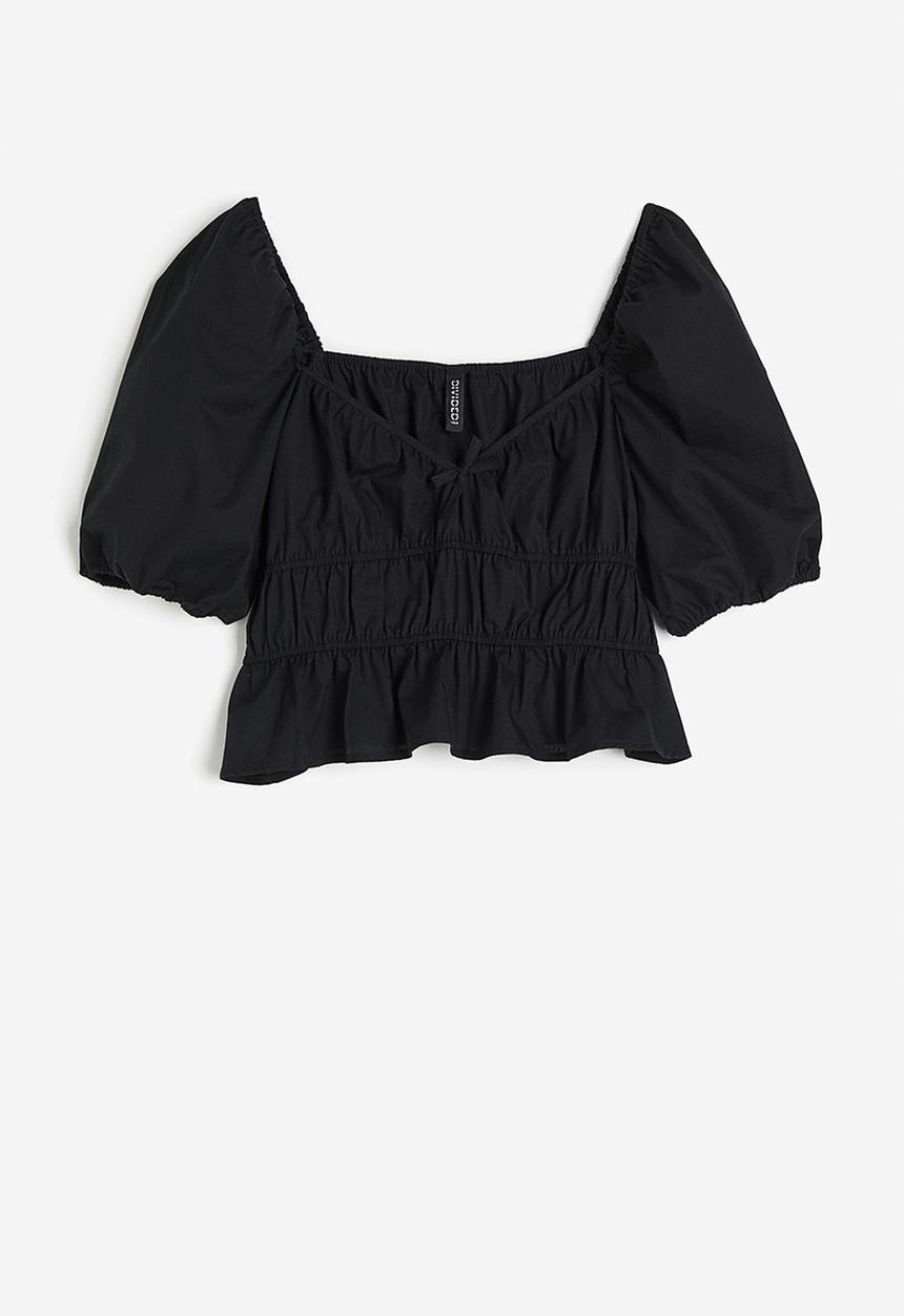 H&M - Gathered cotton blouse - black