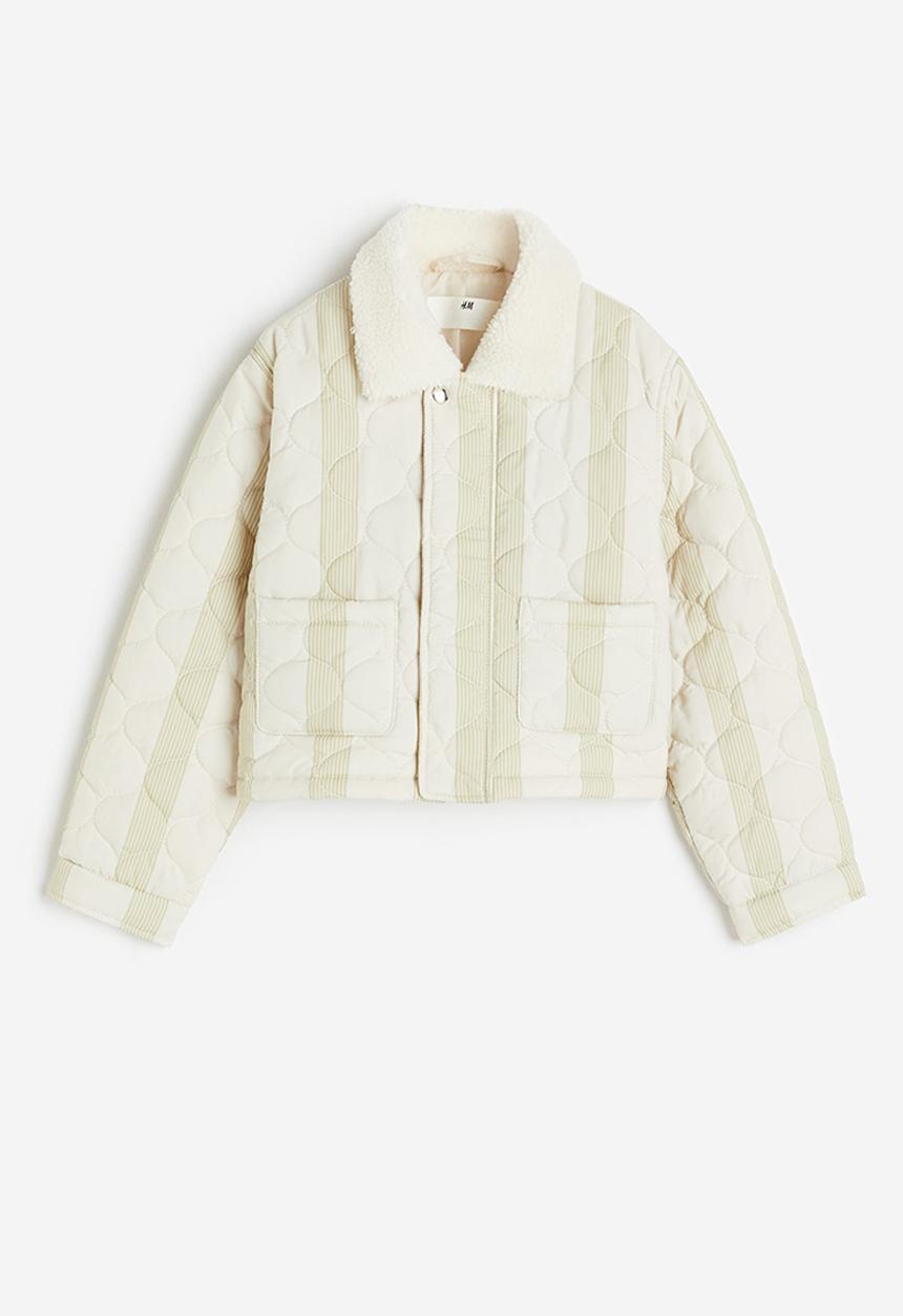 H&M - Teddy-collared jacket - light beige striped